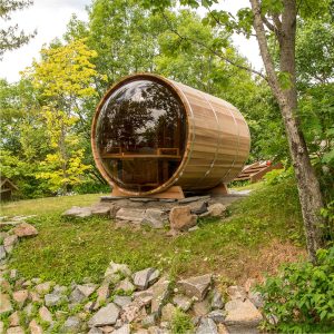 7x8 Panoramic Sauna with change room and porch - Knotty Cedar